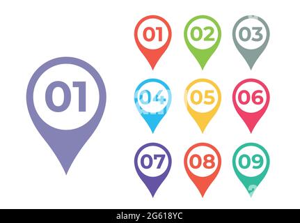 Vector illustration bullet point set. Marker in retro color. Pins with numbers Stock Vector