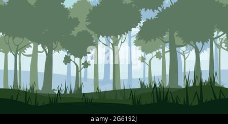 Jungle Tropical Forest landscape horizontal seamless background for games apps, design. Nature woods, trees, bushes, flora, vector Stock Vector