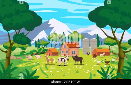 horse and sheep field trees sky sun clouds farm animal cartoon vector ...