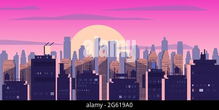 Sunset or sunrise city, skyscrapers modern buildings in dark urban scene. Cityscape dusk mood. Vector illustration Stock Vector