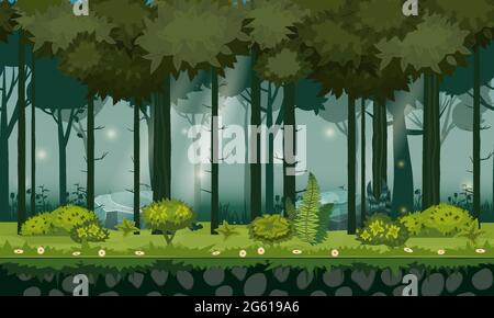 Forest landscape horizontal seamless background for games apps, design. Nature woods, trees, bushes, flora, vector Stock Vector