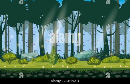 Forest landscape horizontal seamless background for games apps, design. Nature woods, trees, bushes, flora, vector Stock Vector