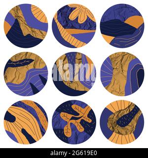 Story highlight round covers for social media with abstract design, blue, yellow and gold paper shapes. Stories highlights backgrounds for bloggers vector illustration Stock Vector