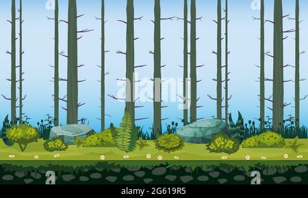 Forest landscape tree trunks horizontal seamless background for games apps, design. Nature woods, trees, bushes, flora, vector Stock Vector