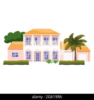 Mansion Residential Home Building, tropic trees, palms. House exterior facades front view architecture family cottage house or apartments, villa Stock Vector