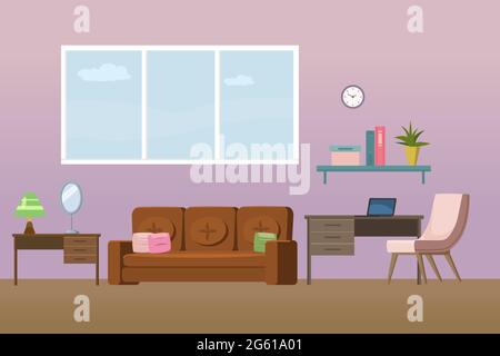 Living room interior. Cozy room design sofa, bookshelf, window, chair, table with laptop and home accessories. Vector cartoon flat Stock Vector