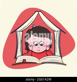 Cute little girl book lover enjoys reading big books and novels. Cartoon style Bibliophile Illustration for Graphic Novels. Stock Vector