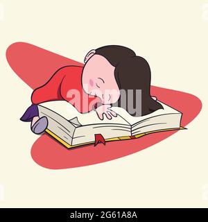 Cute little girl book lover enjoys reading big books and novels. Cartoon style Bibliophile Illustration for Graphic Novels. Stock Vector