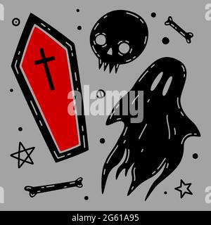 Coffin, ghost, skull and bones hand drawn vector illustration. Halloween vector set. Collection of halloween attributes and symbols Stock Vector