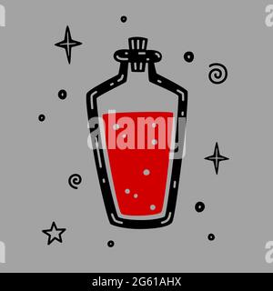 Bottle with poison or vial with magic potion. Halloween hand drawn vector illustration isolated on grey background Stock Vector