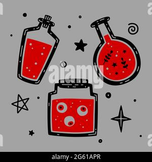 Collection of magic attributes and symbols. Bottle with poison, vial with magic potion and human eyeballs in a glass jar. Halloween set Stock Vector