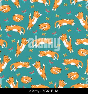 Cats and butterflies seamless pattern in flat style, vector background with animals, cat in different poses pattern Stock Vector