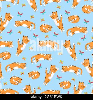 Cats and butterflies seamless pattern in flat style, vector background with animals, cat in different poses pattern Stock Vector