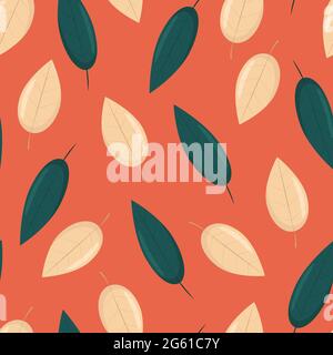 Yellow and green autumn leaves seamless pattern, vector background in flat style Stock Vector