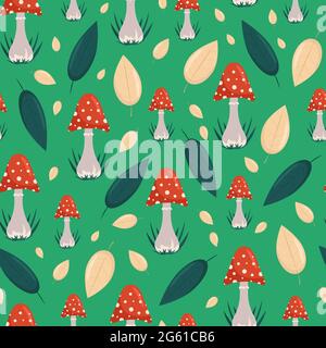 Red toadstools and autumn leaves seamless pattern, vector background in flat style.Cartoon Stock Vector