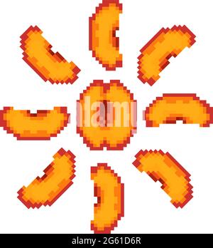 Stone fruits, peach slice, cuts, isolated on white. Pixel art style Stock Vector