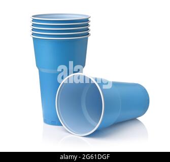 Stack of blue disposable plastic beer cups isolated on white Stock Photo