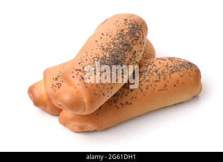 Tree freshly baked poppy seed rolls isolated on white Stock Photo