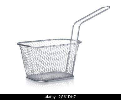 Stainless steel fryer basket isolated on white Stock Photo