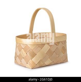 Empty woven birch basket isolated on white Stock Photo