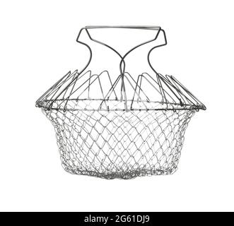 Collapsible round wire fruit washing basket isolated on white Stock Photo