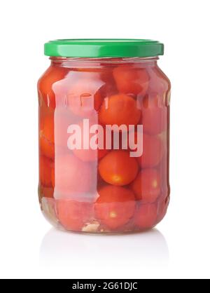 Front view of canned cherry tomatoes in glass jar isolated on white Stock Photo