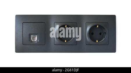 Set of two black electric sockets outlet  and ethernet port isolated on white Stock Photo