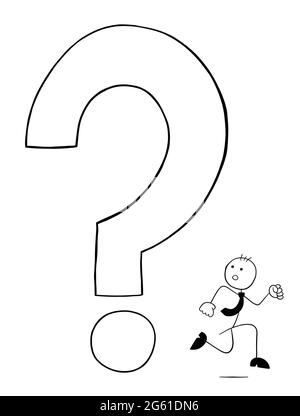 Stickman businessman character afraid of the huge question mark and runs away, vector cartoon illustration. Black outlined and white colored. Stock Vector