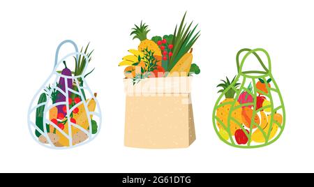 Reusable grocery eco bags with vegetables and fruits. Zero waste and no plastic concept. Shopping reusable grocery cloth string and papper bags in a f Stock Vector