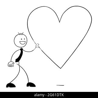 Stickman businessman character walking and holding big heart symbol, vector cartoon illustration. Black outlined and white colored. Stock Vector
