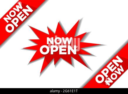 Now Open. Ñorner and explosion stickers for online shop. Burst bubble speech with shadow on transparent background Stock Vector