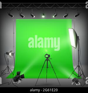 Green Backdrop Background for Photography. Professional photo studio interior with professional equipment Stock Vector
