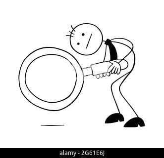 Stickman businessman character looking down with a magnifying glass, vector cartoon illustration. Black outlined and white colored. Stock Vector