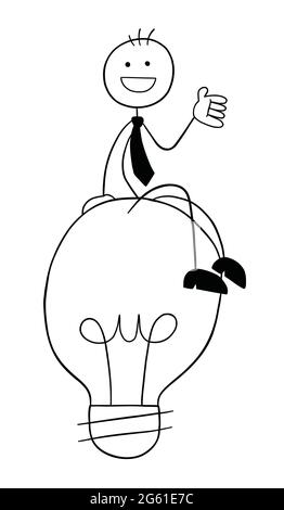 Stickman businessman character happy and sitting on the light bulb idea, vector cartoon illustration. Black outlined and white colored. Stock Vector