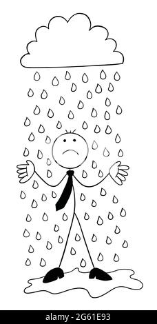 It's raining, stickman businessman character getting wet and unhappy, vector cartoon illustration. Black outlined and white colored. Stock Vector