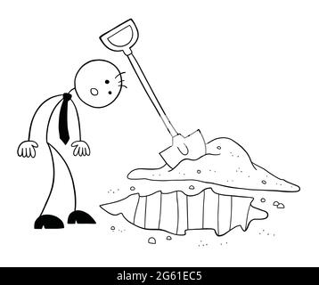 The soil is dug and stickman businessman character looking, vector cartoon illustration. Black outlined and white colored. Stock Vector