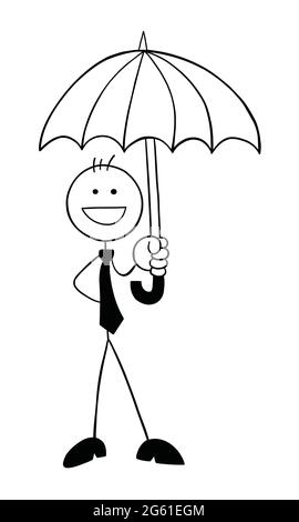 Stickman businessman character holding umbrella and happy, vector cartoon illustration. Black outlined and white colored. Stock Vector