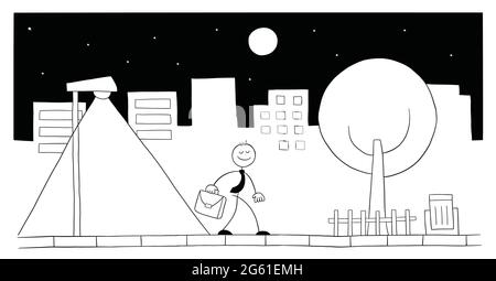 Stickman businessman character walking on the street at night, vector cartoon illustration. Black outlined and white colored. Stock Vector