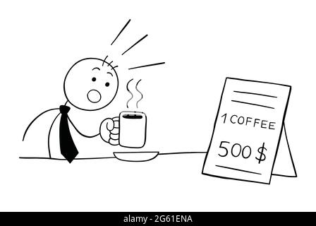 Stickman businessman character drinks coffee and is shocked to see the expensive price of the coffee, vector cartoon illustration. Black outlined and Stock Vector