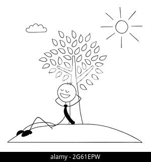 Stickman businessman character leaning against a tree and resting in the sunshine, vector cartoon illustration. Black outlined and white colored. Stock Vector