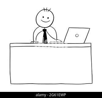 Stickman businessman character happy and sitting at the desk, vector cartoon illustration. Black outlined and white colored. Stock Vector