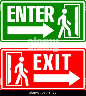 Man enters and exits the room through the door. Horizontal Entry and exit sign with arrow. Vector Stock Vector