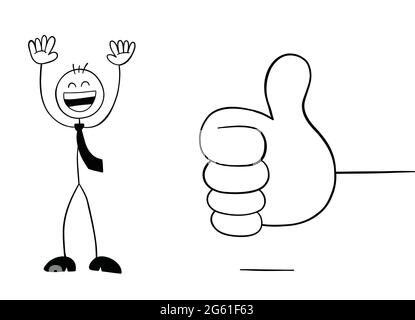 Giving thumbs up and stickman businessman character very happy, vector cartoon illustration. Black outlined and white colored. Stock Vector