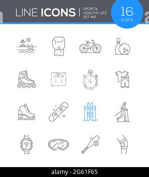 Sport and Healthy lifestyle - line design style icons set. Exercising and sportive equipment, fitness idea. Swimming, boxing, bicycle, snowboarding, r Stock Vector