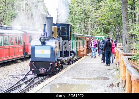 TIERRA DEL FUEGO, ARGENTINA - MARCH 7, 2015: Tourist steam train in National Park Tierra del Fuego, Argentina Stock Photo