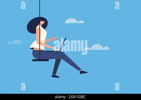 Girl sitting on a swing and working with laptop in an open sky. Concept for cloud computing Stock Vector