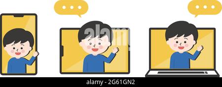 Set of boys having a video call with someone. Vector illustration isolated on white background. Stock Vector