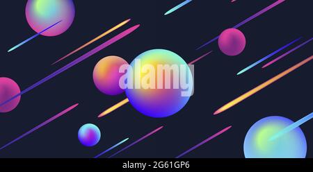 Abstract background with bright neon lights and fluorescent spheres on dark space background Stock Vector