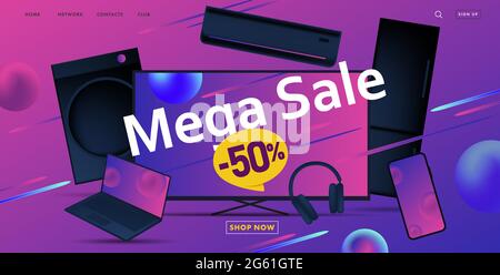 Mega sale advertiving banner with 3d illustration of dofferent home and smart electronic devices, discount up to fifty Stock Vector