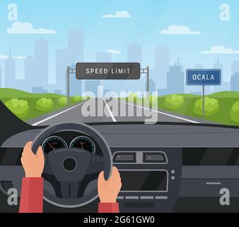 Driving car safety concept vector illustration. Cartoon flat human driver hands drive automobile on asphalt road with speed limit, safe sign on Stock Vector